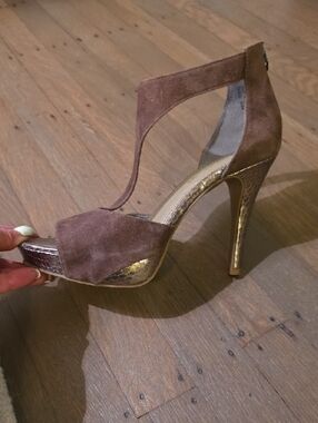 Audrey Brooke Dixie Taupe Suede W/ Lizard Accents Open-Toe High-Heel 4.5" Heel